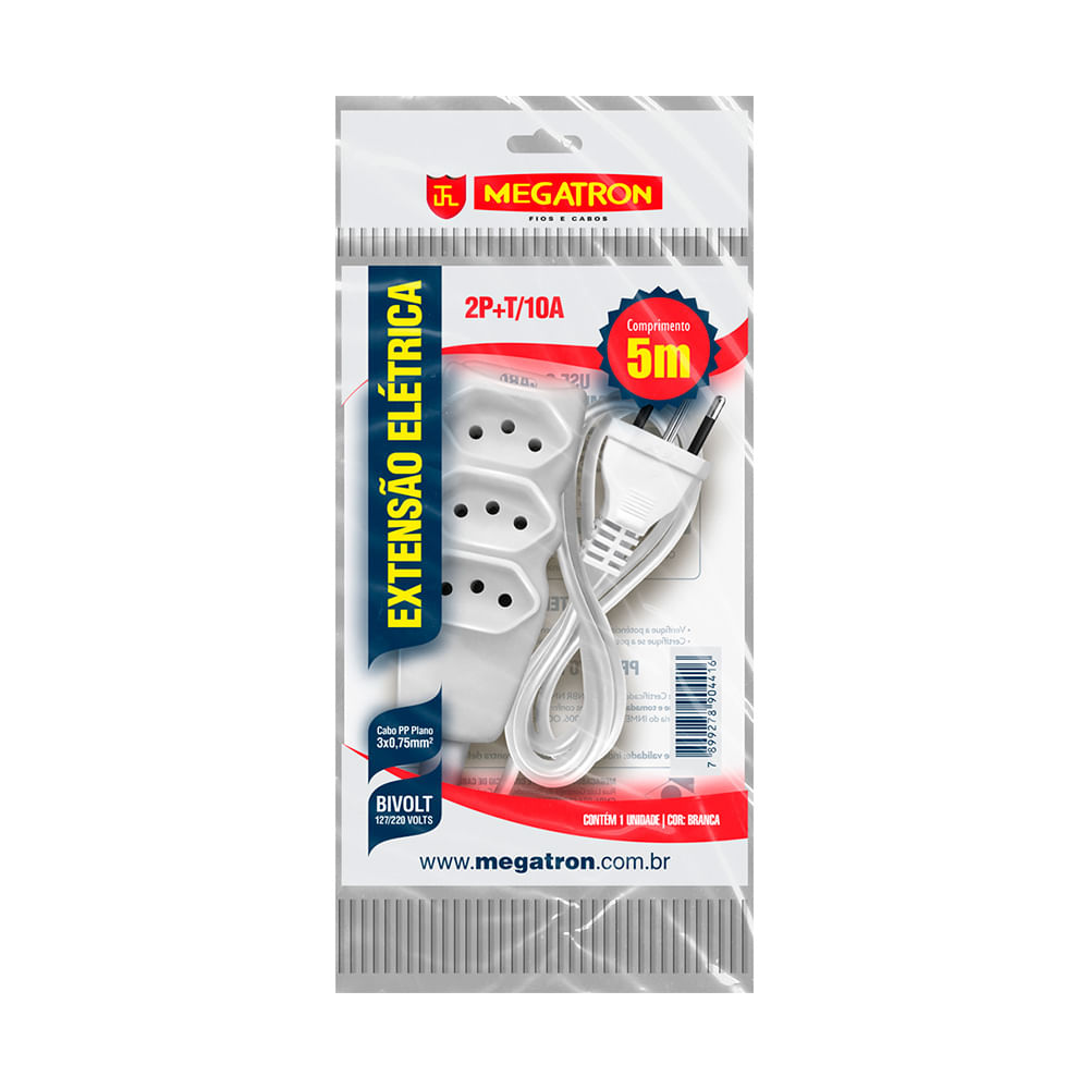 EXTENSAO ELETRICA 5MTS TRIPOLAR BRANCA