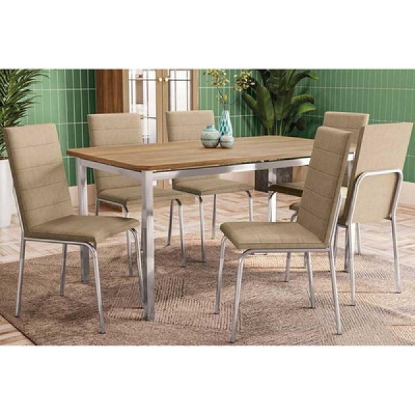 Encontraproduto.com.br - Mesa De Sala Jantar Reno C- Tampo Madeira 160cm + 6 Cadeiras Amsterdã Cromada - Assento Capuccino 31 - Kappesberg
