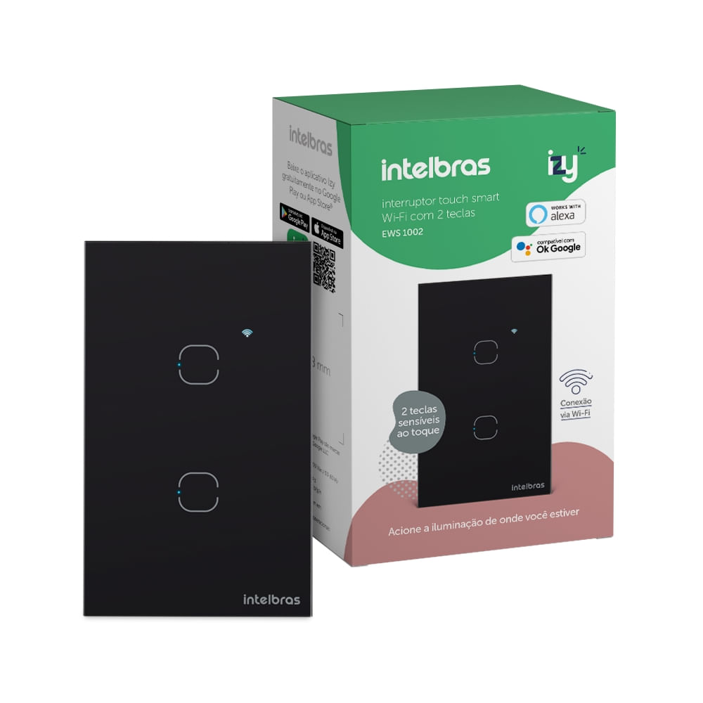 Encontraproduto.com.br - Interruptor Touch Smart WiFi 2 botoes EWS 1002 Preto - Intelbras