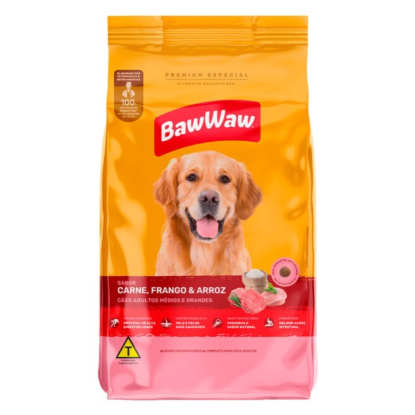 Encontraproduto.com.br - Alimento p/ Cães Baw Waw Adulto Médio Grande Carne/Frango e Arroz 5Kg