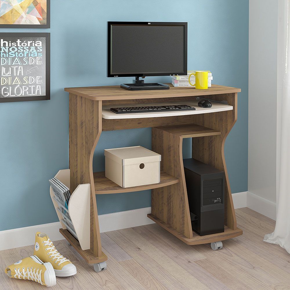 Encontraproduto.com.br - Escrivaninha/mesa para Computador 160 Pinho com Off White e Porta-revista Lateral - Artely