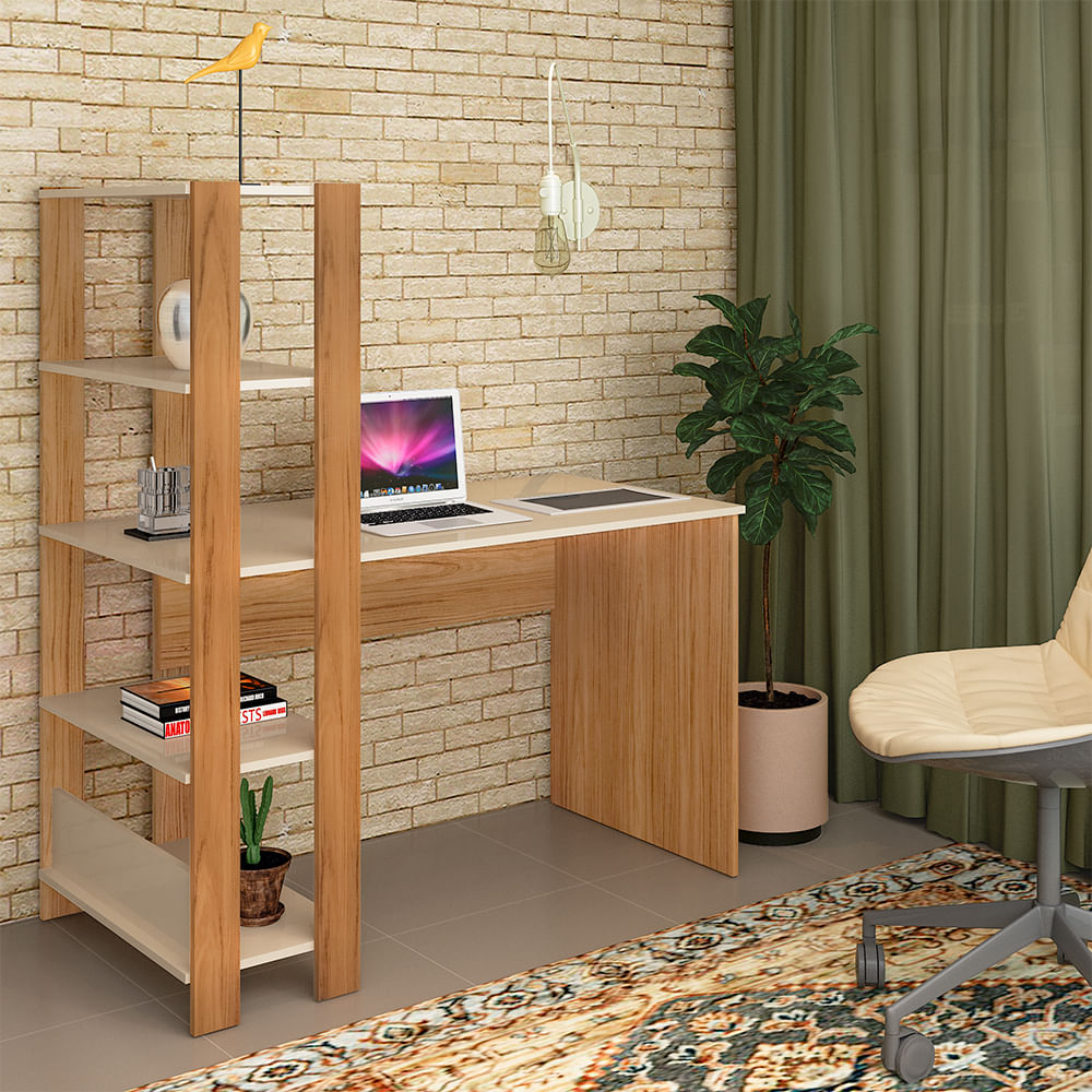 Encontraproduto.com.br - Mesa Escrivaninha Para Notebook Com 4 Prateleiras 120X134Cm Match Artely Off White C/Carvalho
