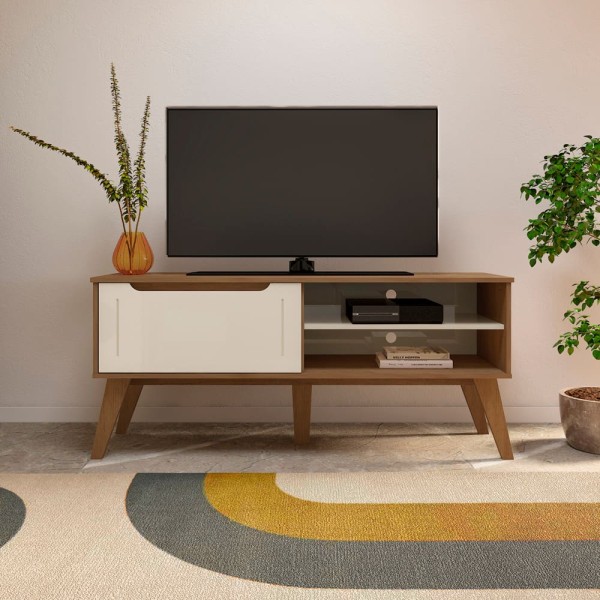 Encontraproduto.com.br - Rack Artely Lotus com 1 Porta e 2 Nichos, 134cm de Largura, Ideal para TV de até 60`` – Cinamomo/ Off White