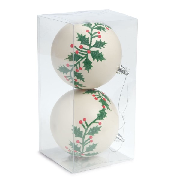 Bola De Natal Com Azevinhos Branco 12Cm Jg 2 Unid 1014584