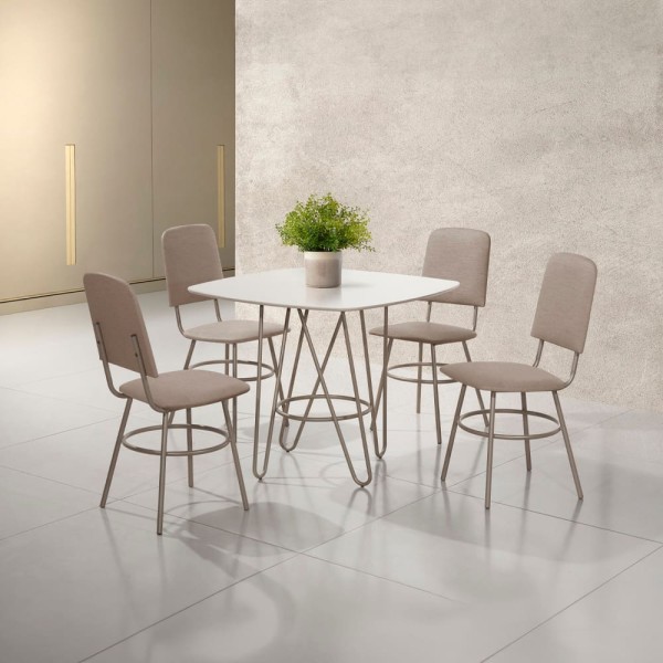 Encontraproduto.com.br - Mesa de Jantar Quadrada Aço Nobre Veneza com 4 Cadeiras Estofadas e Revestidas - Champagne e Off White