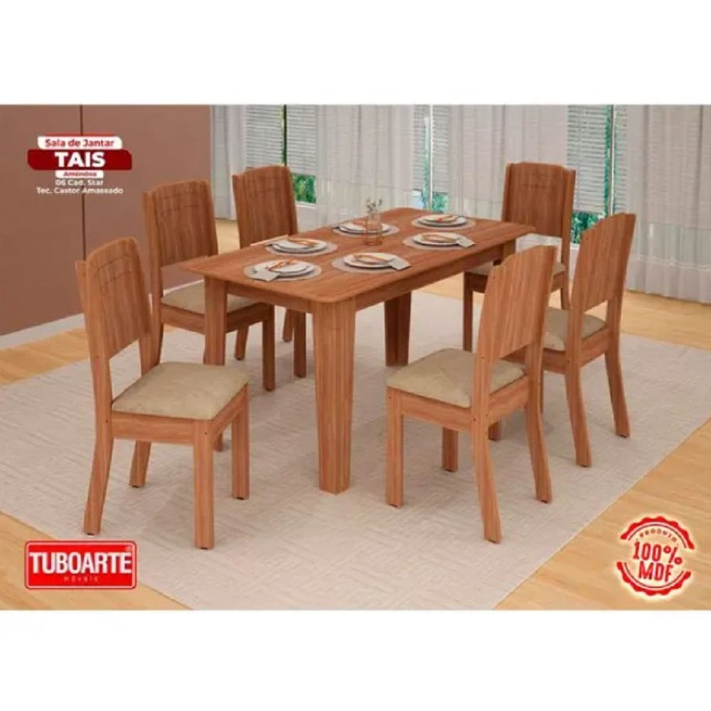 Encontraproduto.com.br - Conjunto de Mesa Tais com 6 Cadeiras Star em MDF Tuboarte - Freijó/Castor