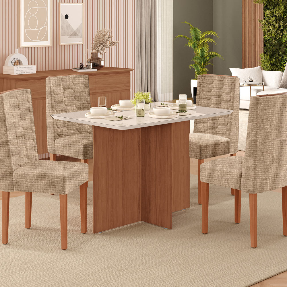 Conjunto Sala de Jantar Frida 120x80cm com 4 Cadeiras Coral Tuboarte - Freijó e Off White