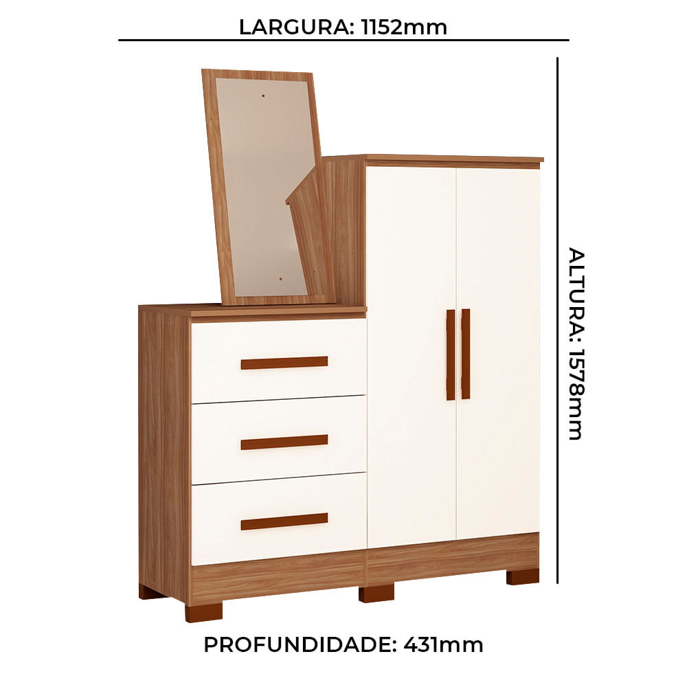 Encontraproduto.com.br - Cômoda Denver 3 Gavetas e 2 Portas em MDF com Espelho e Pés Tuboarte - Amêndoa e Branco