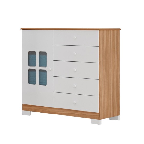 Encontraproduto.com.br - Cômoda Infantil Safira em MDF 5 Gavetas 1 Porta com Detalhes Transparentes e Pés Tuboarte - Amêndoa e Branco