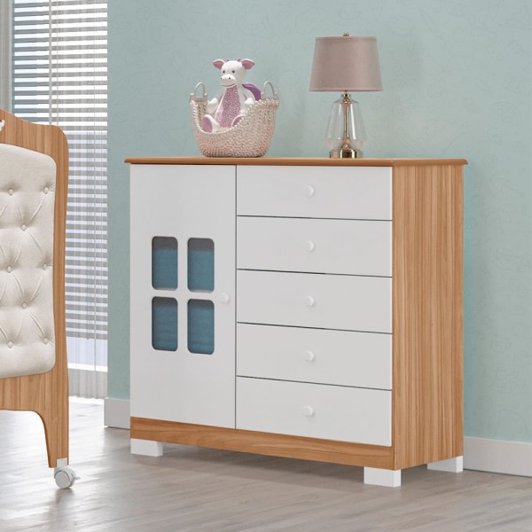 Encontraproduto.com.br - Cômoda Infantil Safira em MDF 5 Gavetas 1 Porta com Detalhes Transparentes e Pés Tuboarte - Amêndoa e Branco