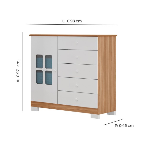 Encontraproduto.com.br - Cômoda Infantil Safira em MDF 5 Gavetas 1 Porta com Detalhes Transparentes e Pés Tuboarte - Amêndoa e Branco