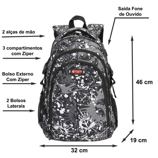 Encontraproduto.com.br - Mochila Feminina Masculina Estampada Notebook Tablet 3 Divis
