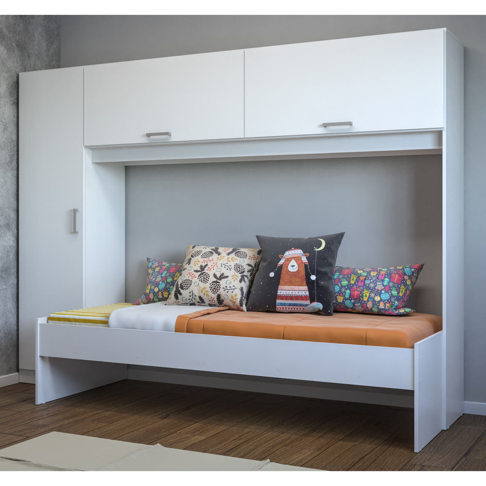 Encontraproduto.com.br - Cama Solteiro com Guarda-Roupas/Roupeiro para Colchão 88 x 188 cm Multimóveis Branco