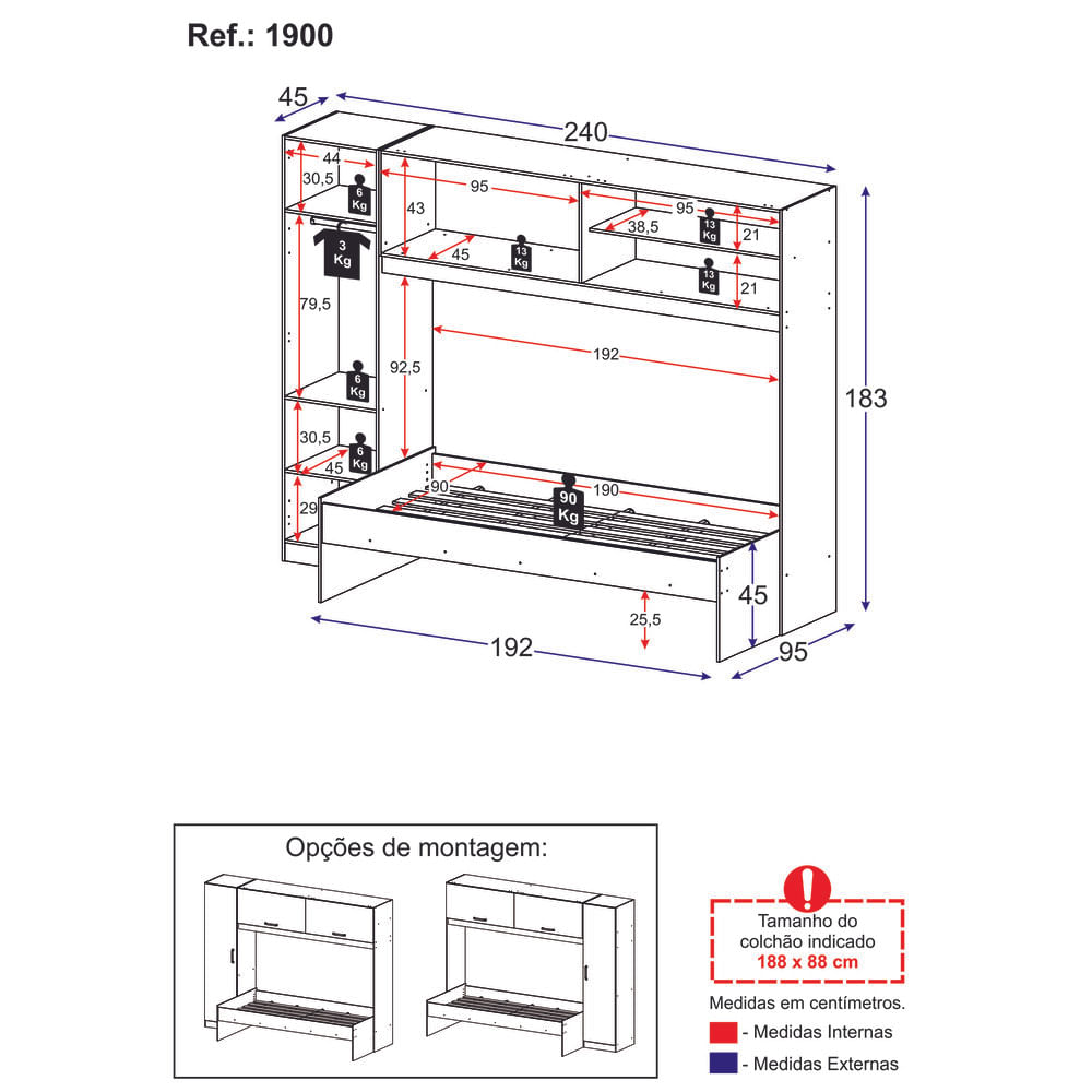 Encontraproduto.com.br - Cama Solteiro com Guarda-Roupas/Roupeiro para Colchão 88 x 188 cm Multimóveis Branco
