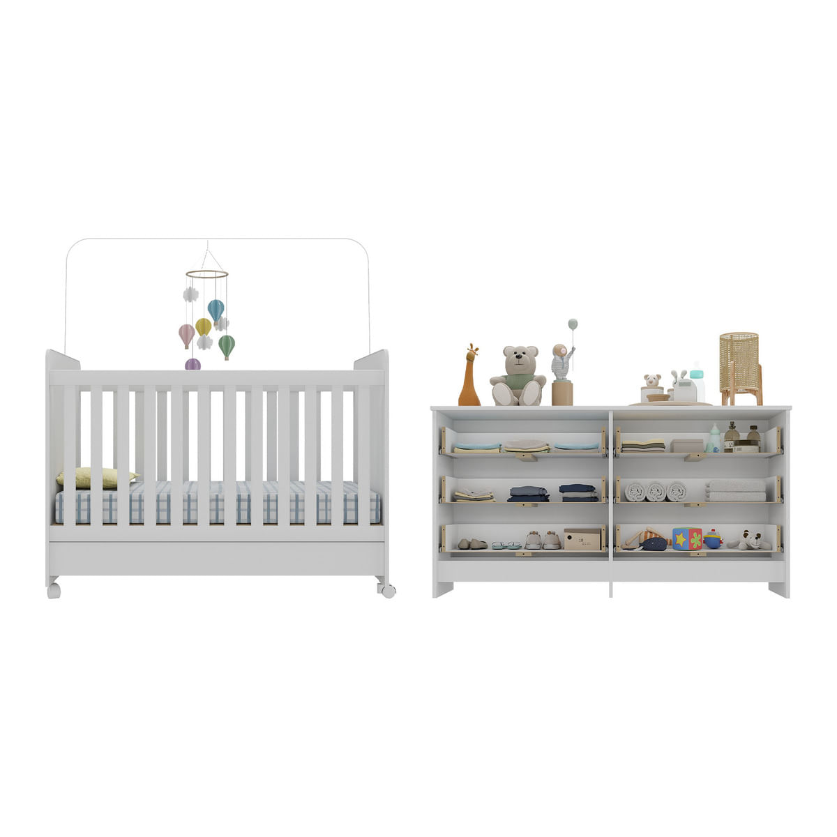 Encontraproduto.com.br - Berço 3 em 1 com Colchão Incluso Rodízios e Cômoda Chantilly Multimóveis MP4289 Branco