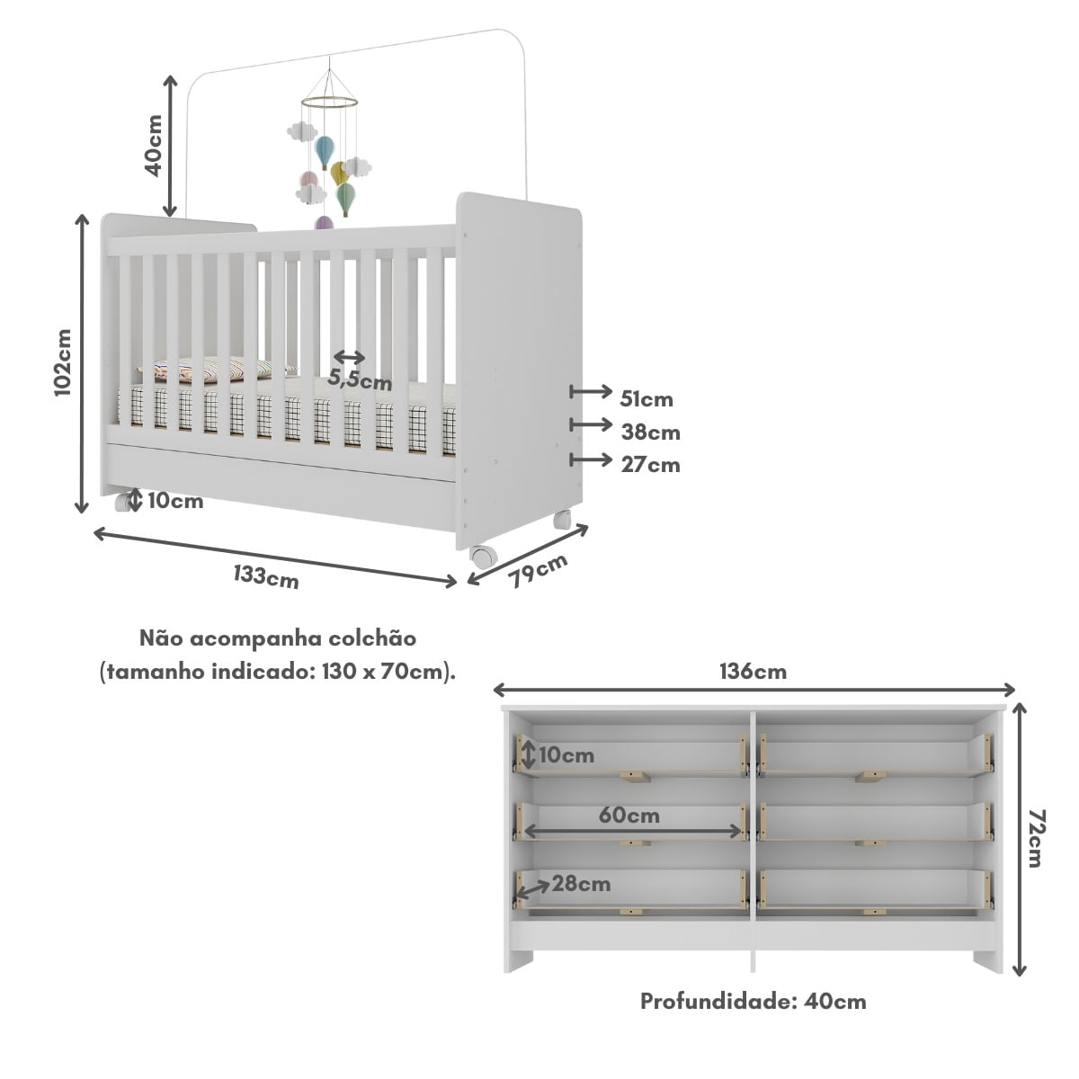 Encontraproduto.com.br - Berço 3 em 1 para Colchão 130x70cm com Rodízios e Cômoda Chantilly Multimóveis MP4290 Branco