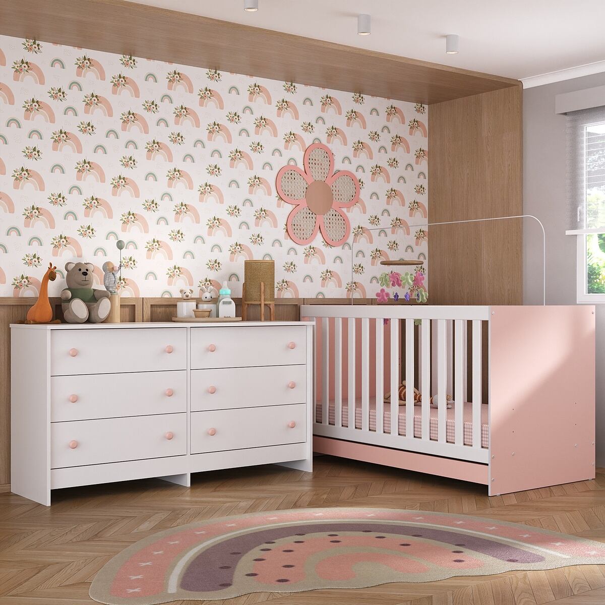Encontraproduto.com.br - Berço 3 em 1 para Colchão 130 x 60cm com Cômoda Doce de Leite Multimóveis MP4297 Branco/Rosa