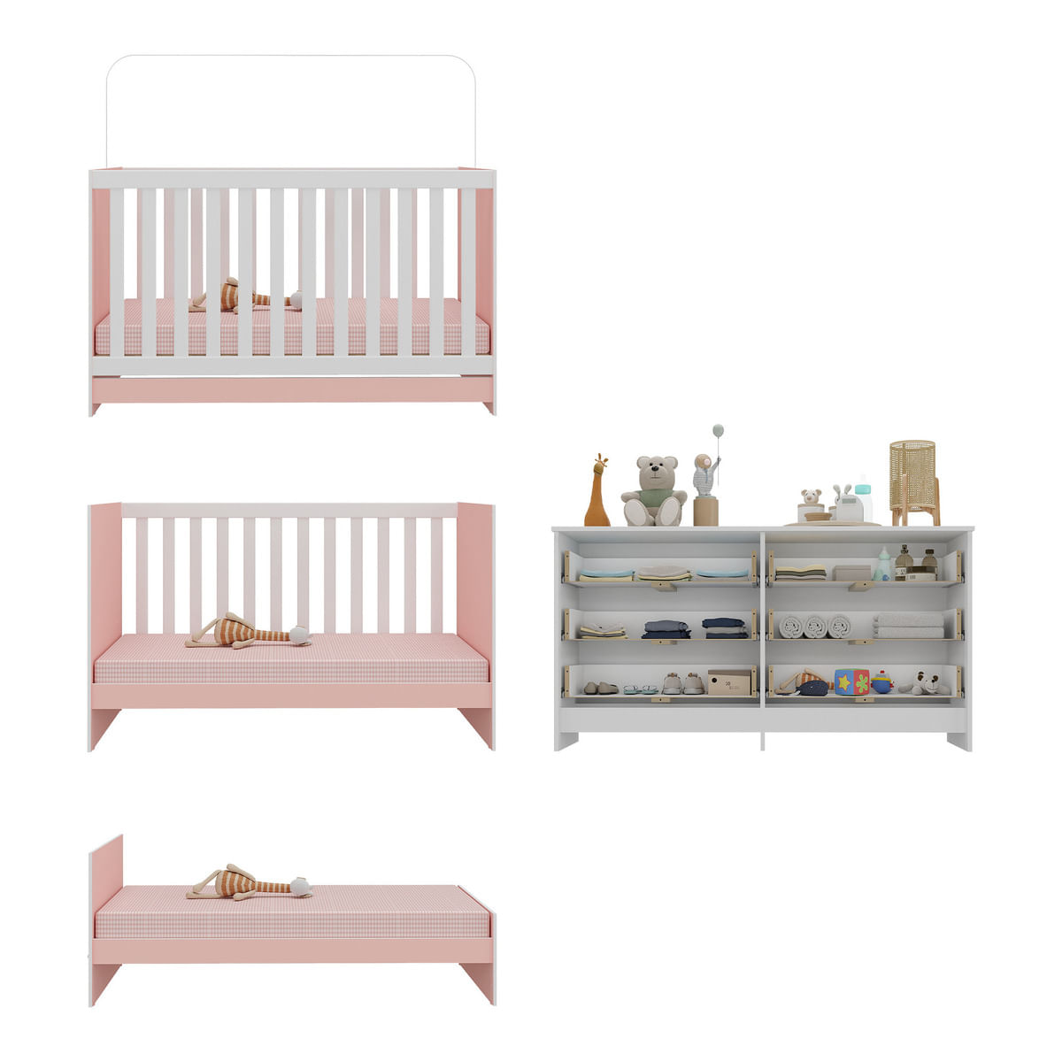Encontraproduto.com.br - Berço 3 em 1 para Colchão 130 x 60cm com Cômoda Doce de Leite Multimóveis MP4297 Branco/Rosa