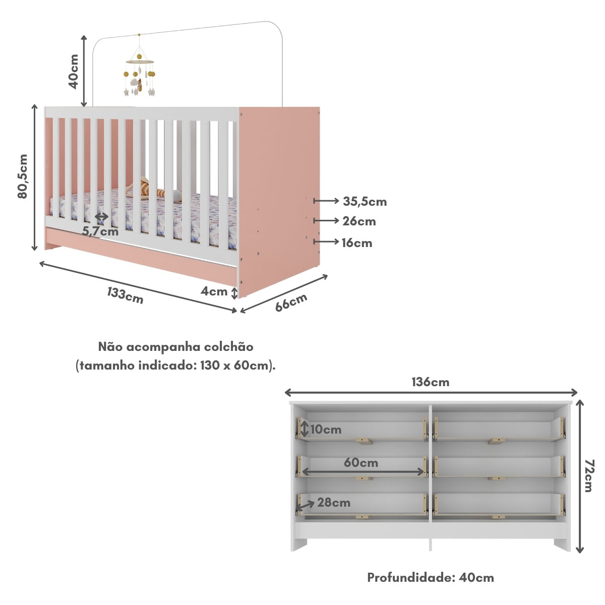 Encontraproduto.com.br - Berço 3 em 1 para Colchão 130 x 60cm com Cômoda Doce de Leite Multimóveis MP4297 Branco/Rosa