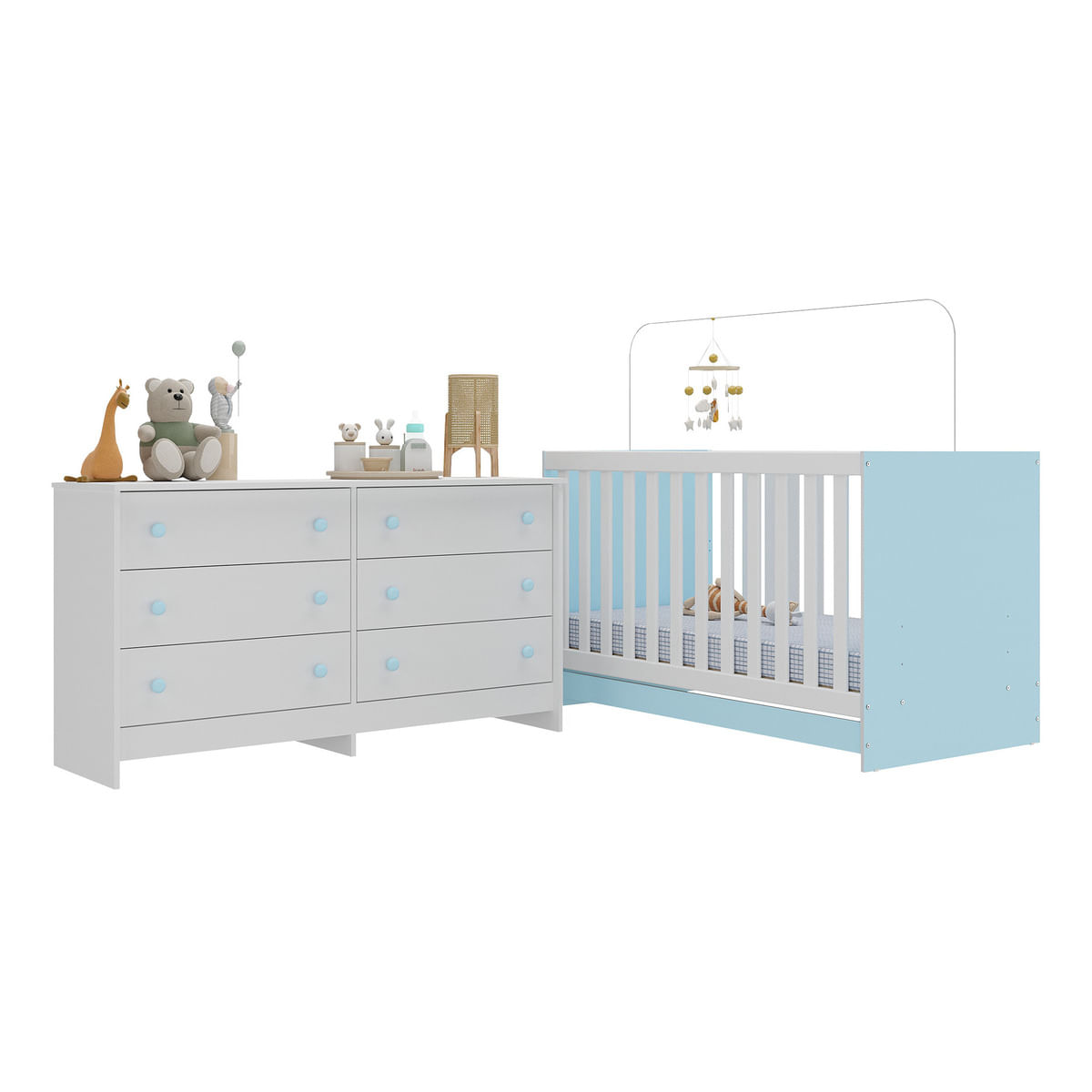 Berço 3 em 1 com Colchão Incluso e Cômoda Doce de Leite Multimóveis MP4298 Branco/Azul