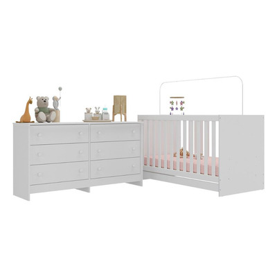 Berço 3 em 1 com Colchão Incluso e Cômoda Doce de Leite Multimóveis MP4298 Branco/Rosa