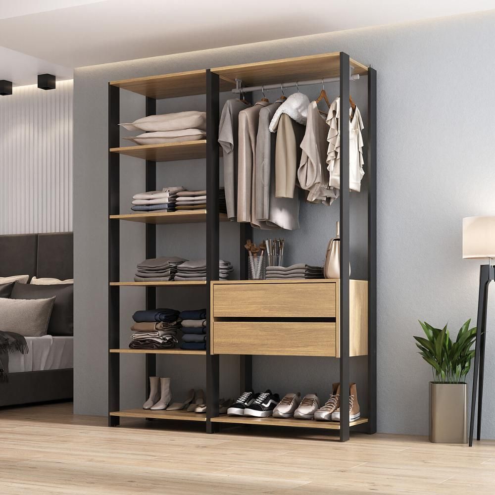 Encontraproduto.com.br - Guarda-Roupas Closet Modulado 2 Peças com 2 Gavetas e Cabideiro Multimóveis MP4320 Preto/Madeirado