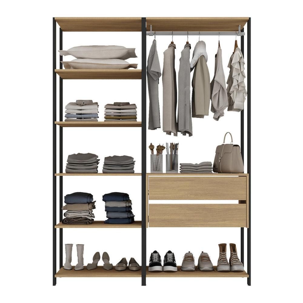 Encontraproduto.com.br - Guarda-Roupas Closet Modulado 2 Peças com 2 Gavetas e Cabideiro Multimóveis MP4320 Preto/Madeirado