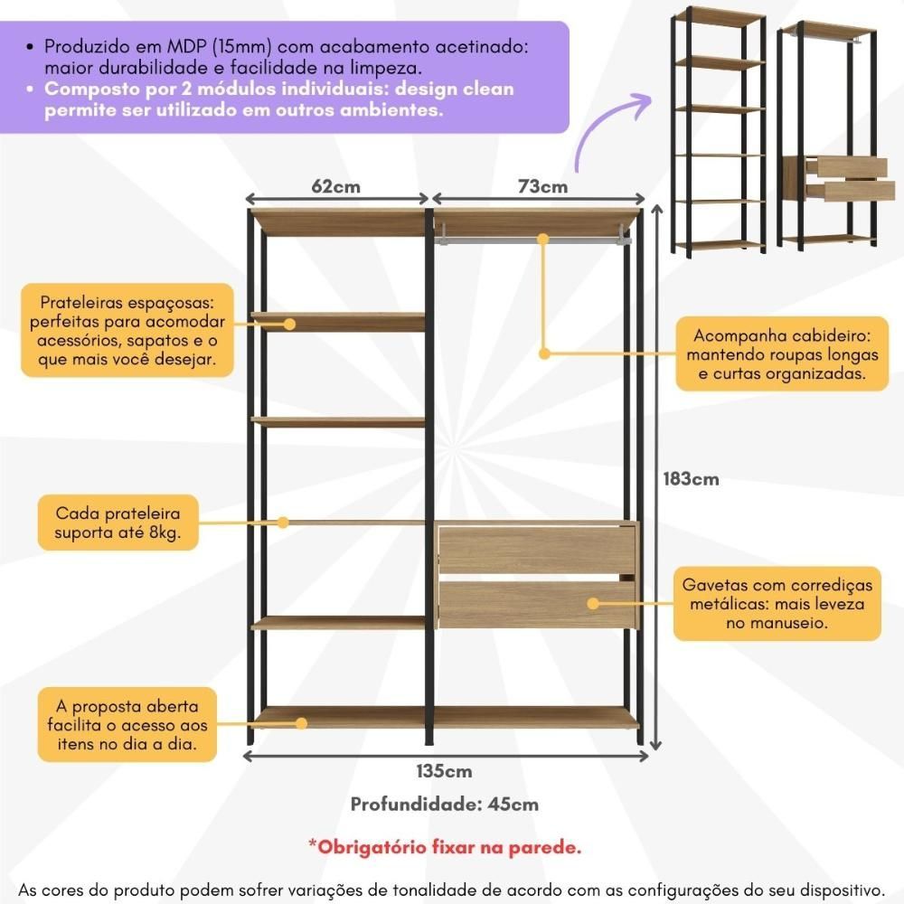 Encontraproduto.com.br - Guarda-Roupas Closet Modulado 2 Peças com 2 Gavetas e Cabideiro Multimóveis MP4320 Preto/Madeirado