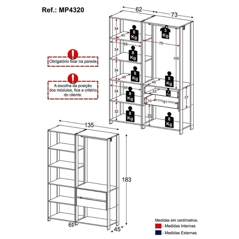 Encontraproduto.com.br - Guarda-Roupas Closet Modulado 2 Peças com 2 Gavetas e Cabideiro Multimóveis MP4320 Preto/Madeirado