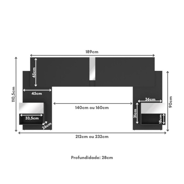 Encontraproduto.com.br - Cabeceira Casal/queen Com Espelhos E 2 Mesas De Cabeceira 232cm Multimóveis Mp4326 Preto Preto