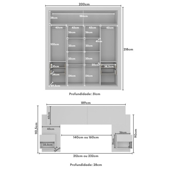 Encontraproduto.com.br - Guarda Roupas Casal Espelho E Cabeceira Com 2 Mesas De Cabeceira Multimóveis MP4327 Branco