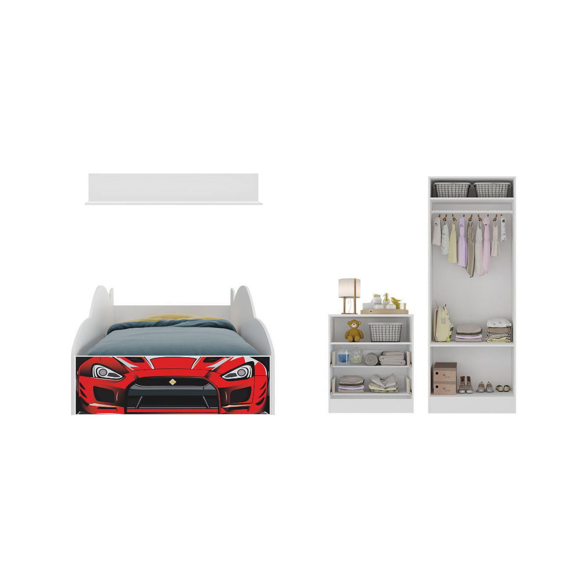 Encontraproduto.com.br - Quarto Infantil Completo com Cama Carro para Colchão 88x188cm Multimóveis MP4340 Branco/Vermelho