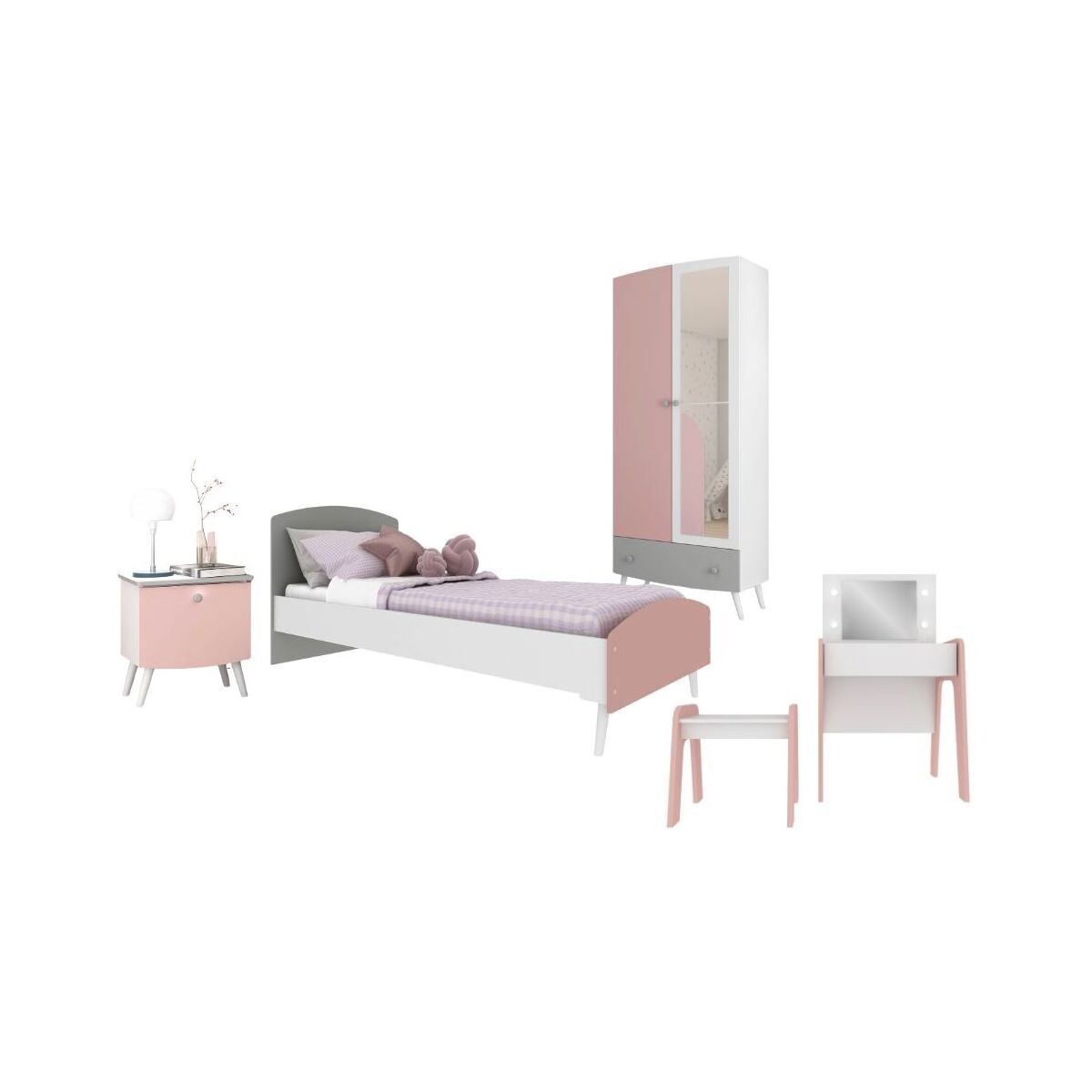 Encontraproduto.com.br - Quarto Infantil Completo para Colchão 78x188cm com Penteadeira Doçura Multimóveis MP4341 Branco/Cinza/Rosa