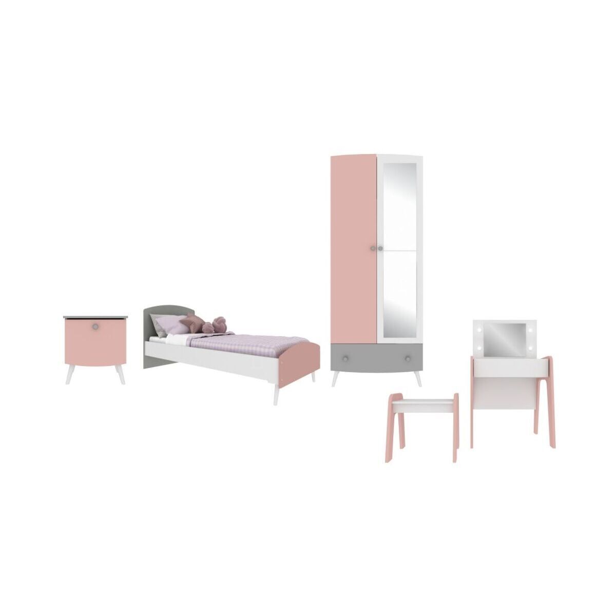 Encontraproduto.com.br - Quarto Infantil Completo para Colchão 78x188cm com Penteadeira Doçura Multimóveis MP4341 Branco/Cinza/Rosa