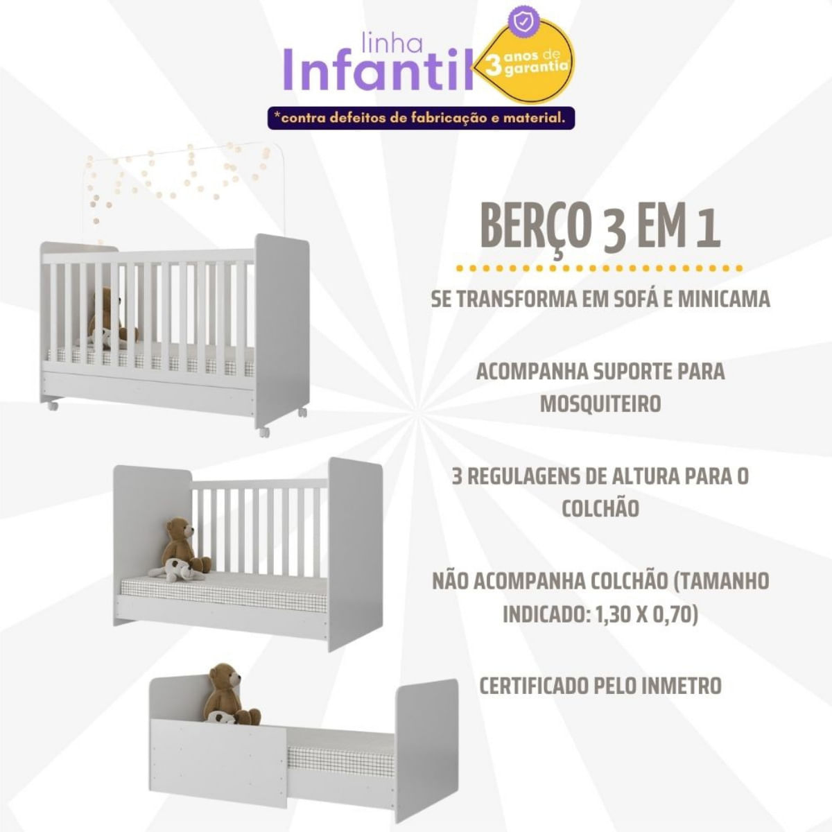 Encontraproduto.com.br - Quarto Infantil Completo com Berço Americano 3 em 1 para Colchão 130x70cm Multimóveis MP4345 Branco