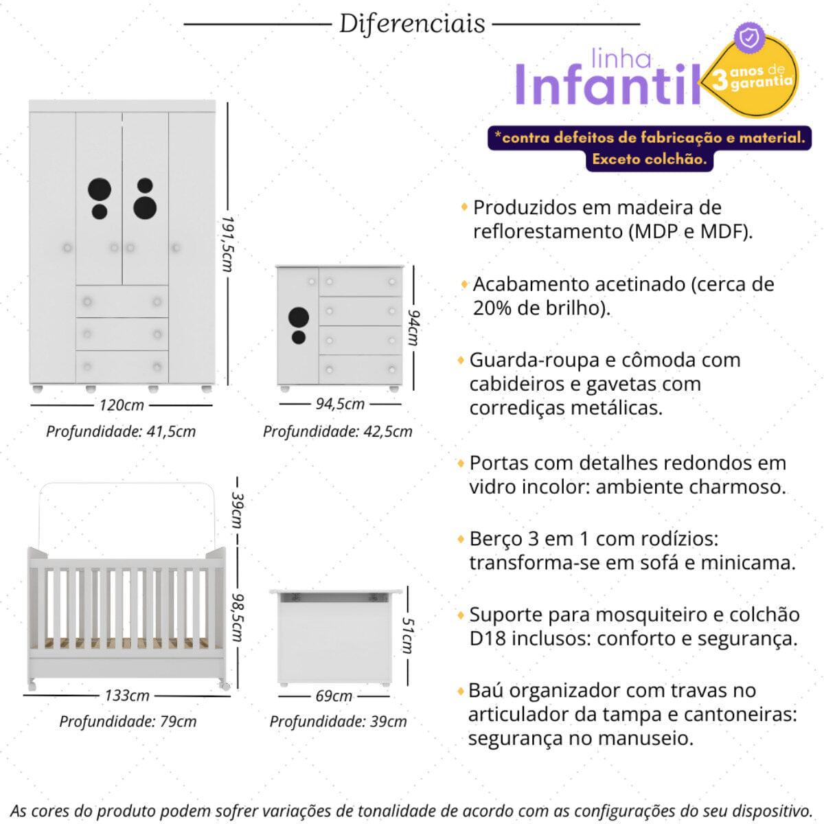 Encontraproduto.com.br - Quarto Infantil Completo com Berço Americano 3 em 1 com Colchão Incluso Multimóveis MP4346 Branco
