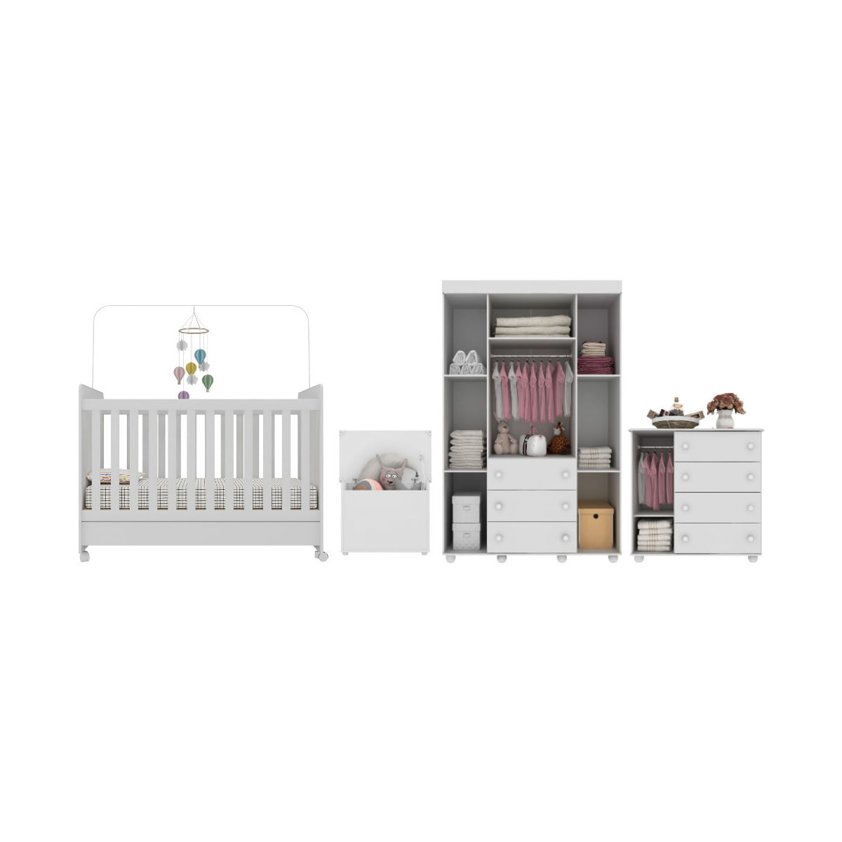 Encontraproduto.com.br - Quarto Infantil Completo com Berço Americano 3 em 1 com Colchão Incluso Multimóveis MP4346 Branco