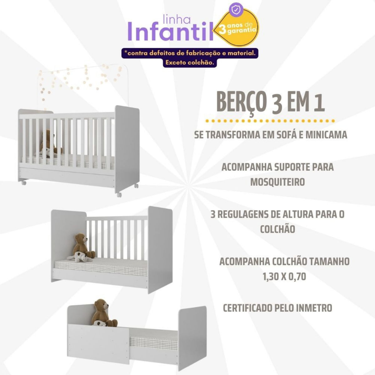 Encontraproduto.com.br - Quarto Infantil Completo com Berço Americano 3 em 1 com Colchão Incluso Multimóveis MP4346 Branco