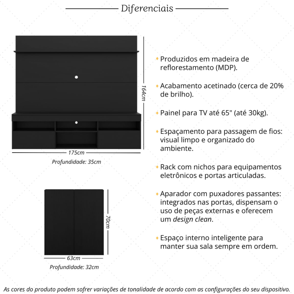 Encontraproduto.com.br - Rack com Painel para TV até 65 Polegadas e Aparador 2 Portas Multimóveis MP1094 Preto