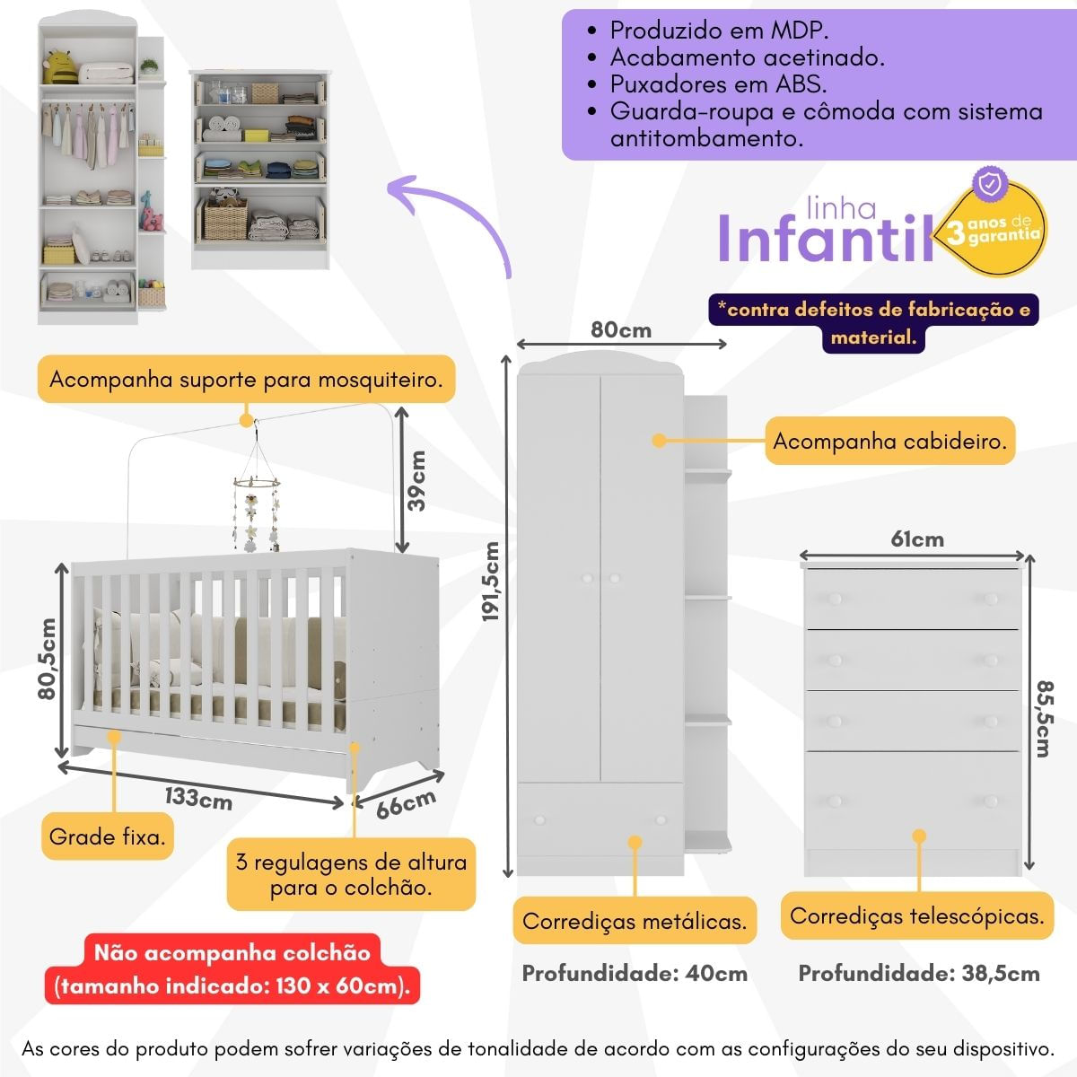Encontraproduto.com.br - Quarto Infantil Completo com Berço 3 em 1 para Colchão 130x60cm Multimóveis MP4353 Branco/Colorido