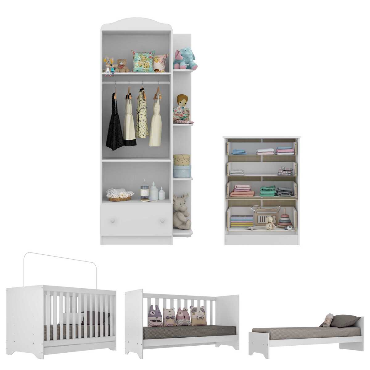 Encontraproduto.com.br - Quarto Infantil Completo com Berço 3 em 1 para Colchão 130x60cm Multimóveis MP4353 Branco/Colorido
