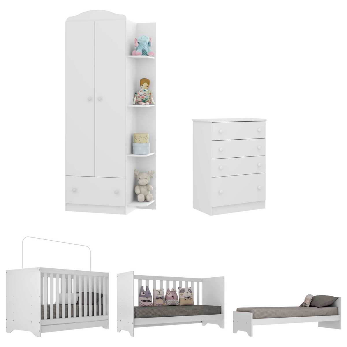 Encontraproduto.com.br - Quarto Infantil Completo com Berço 3 em 1 para Colchão 130x60cm Multimóveis MP4353 Branco/Colorido