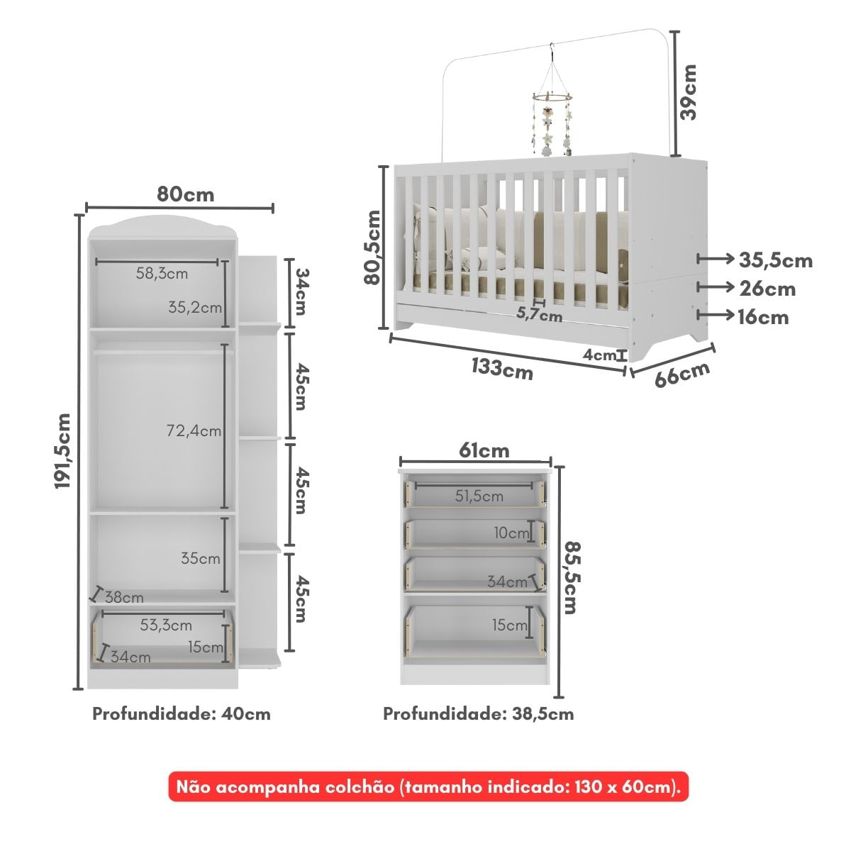 Encontraproduto.com.br - Quarto Infantil Completo com Berço 3 em 1 para Colchão 130x60cm Multimóveis MP4353 Branco/Colorido