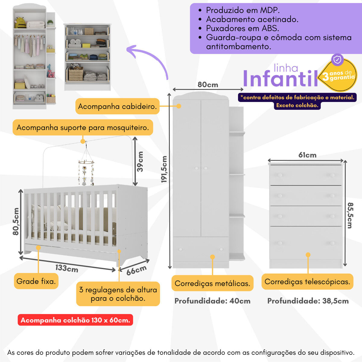 Encontraproduto.com.br - Quarto Infantil Completo com Berço 3 em 1 com Colchão Incluso Multimóveis MP4354 Branco/Colorido