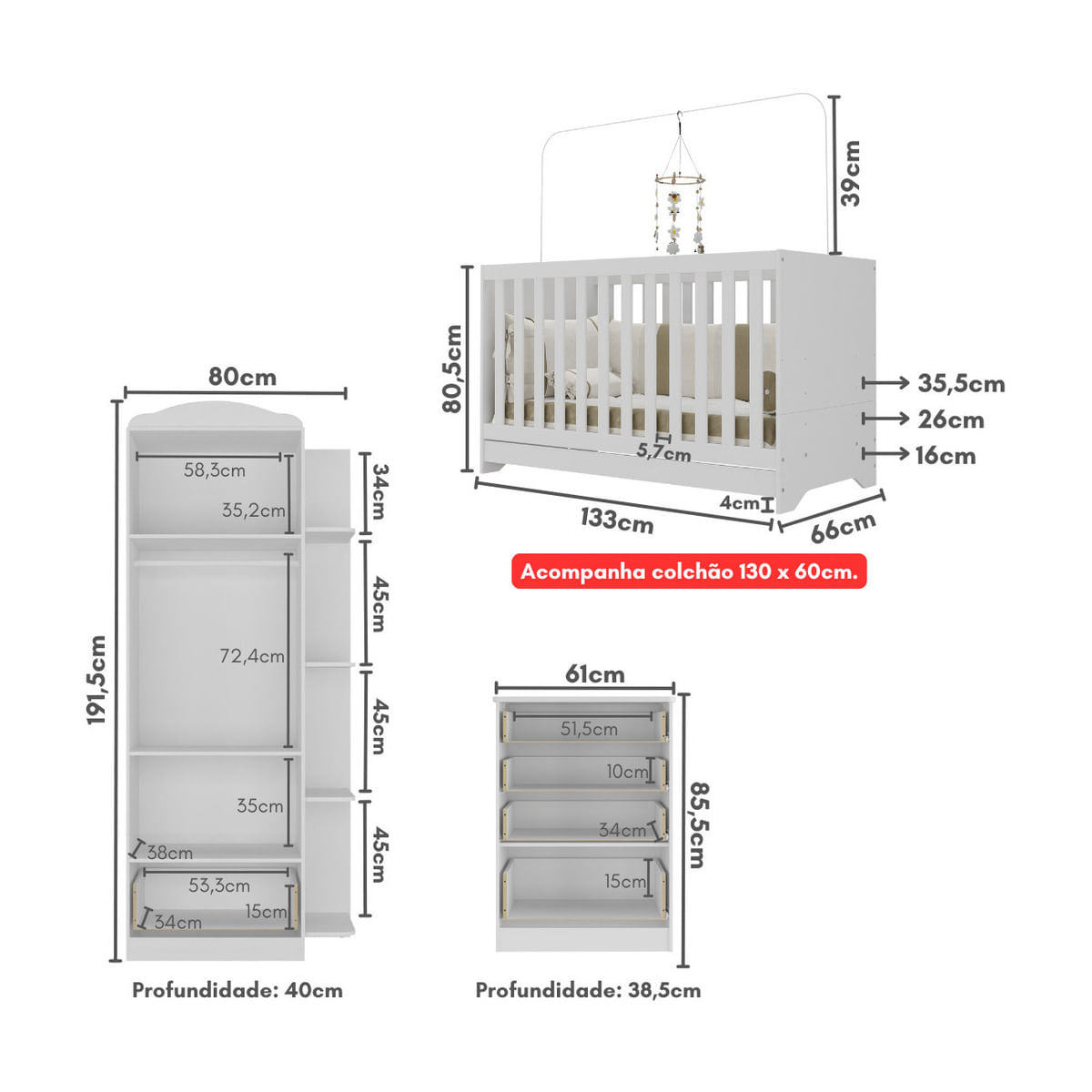 Encontraproduto.com.br - Quarto Infantil Completo com Berço 3 em 1 com Colchão Incluso Multimóveis MP4354 Branco/Colorido