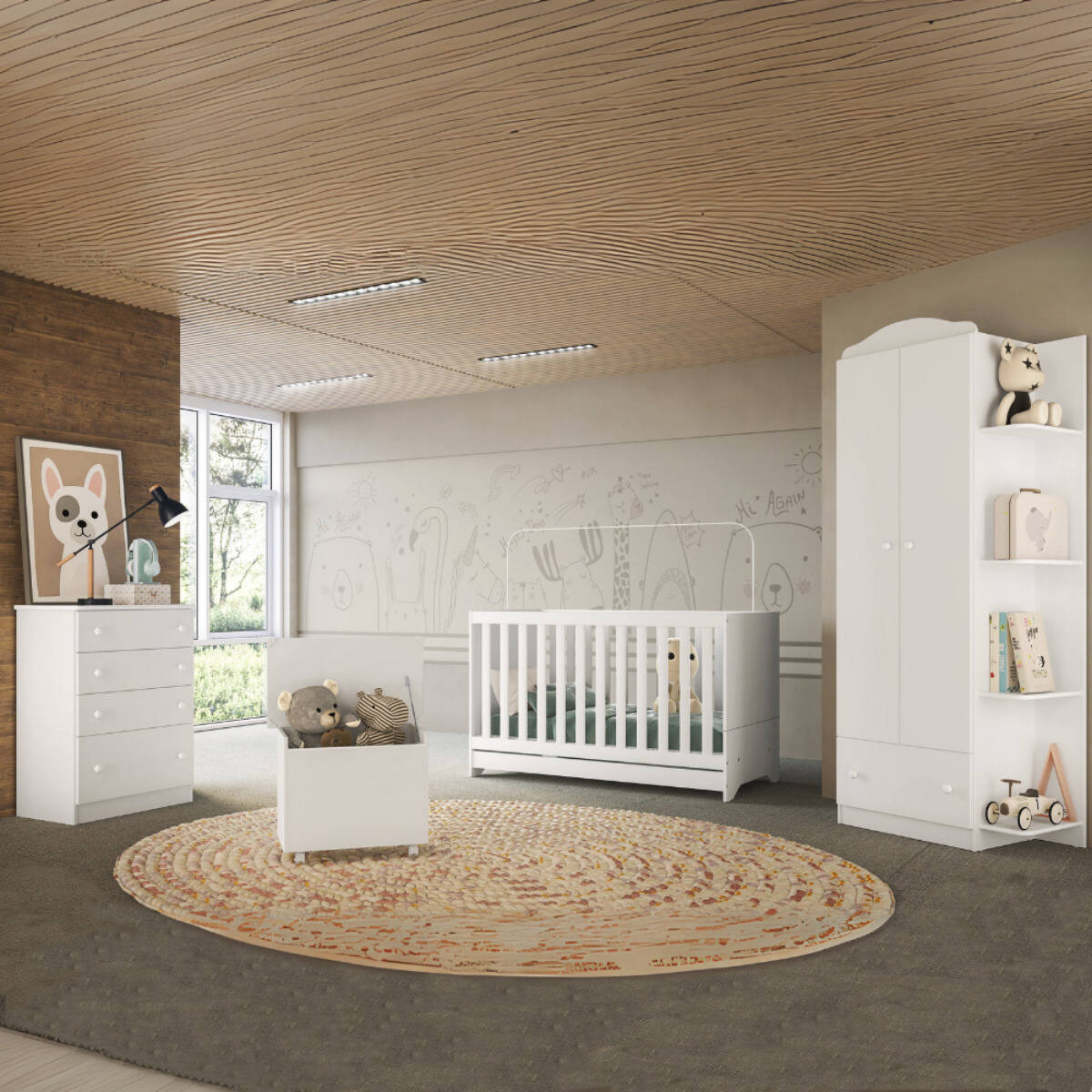 Encontraproduto.com.br - Quarto Infantil Completo com Berço 3 em 1 para Colchão 130x60cm e Baú Multimóveis MP4356 Branco/Colorido