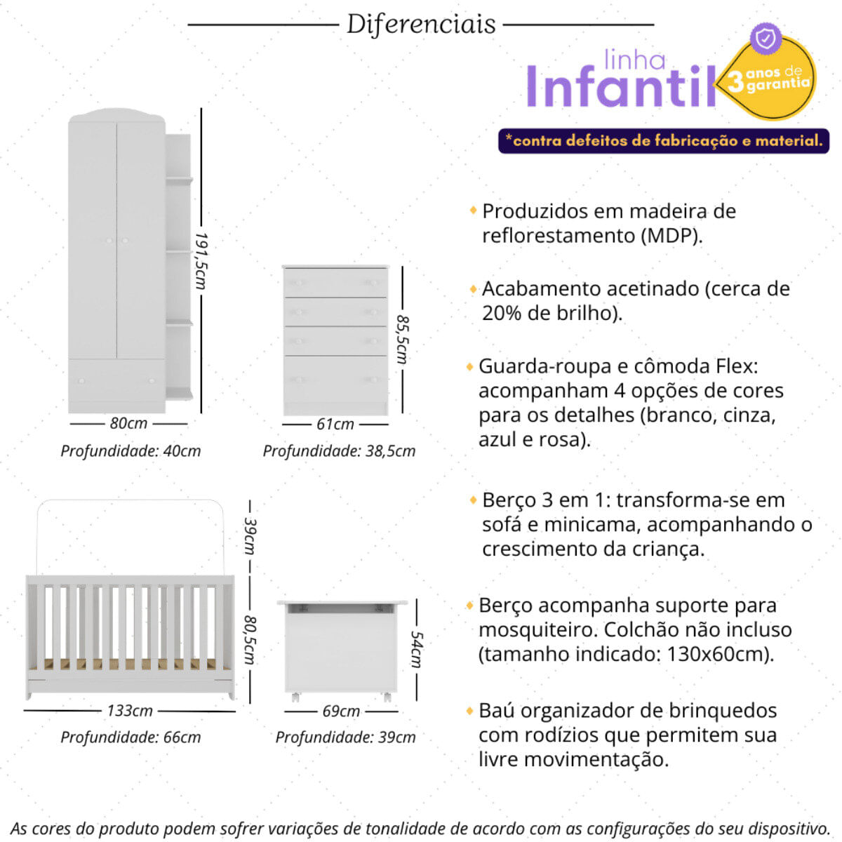 Encontraproduto.com.br - Quarto Infantil Completo com Berço 3 em 1 para Colchão 130x60cm e Baú Multimóveis MP4356 Branco/Colorido