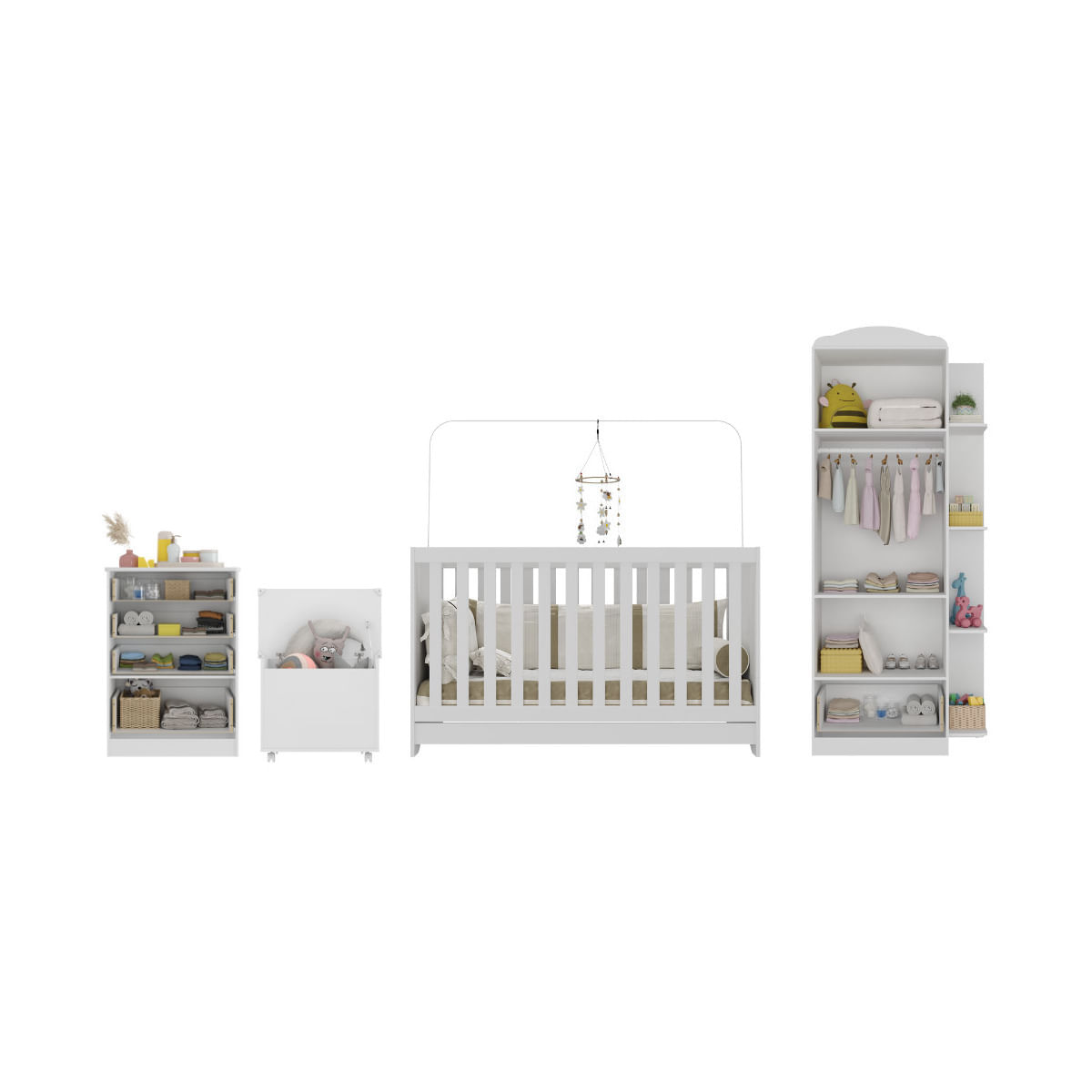 Encontraproduto.com.br - Quarto Infantil Completo com Berço 3 em 1 para Colchão 130x60cm e Baú Multimóveis MP4356 Branco/Colorido