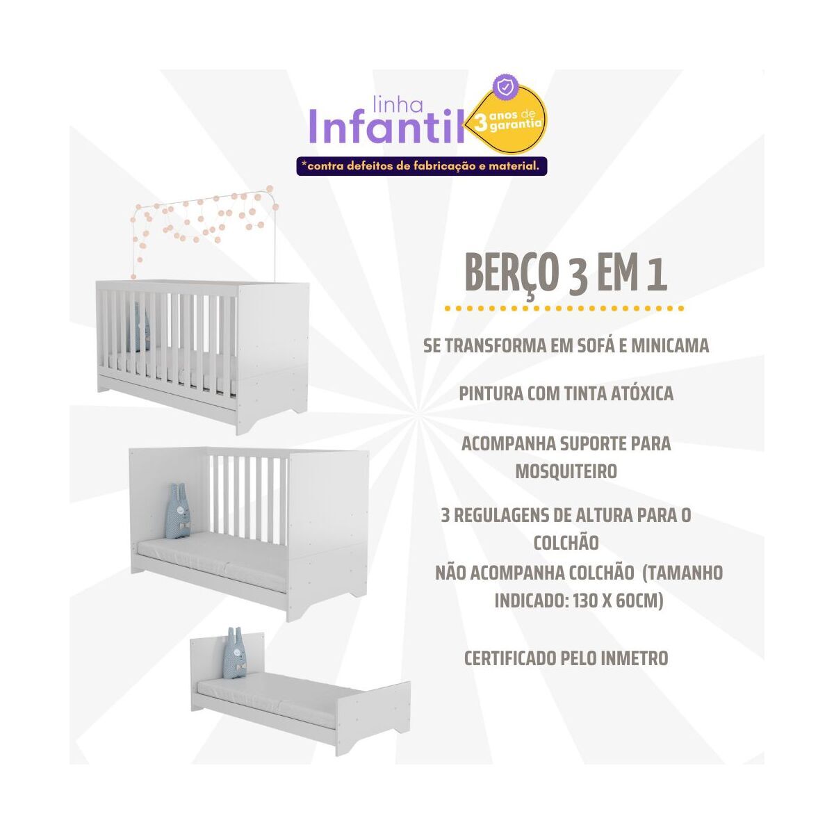 Encontraproduto.com.br - Quarto Infantil Completo com Berço 3 em 1 para Colchão 130x60cm e Baú Multimóveis MP4356 Branco/Colorido
