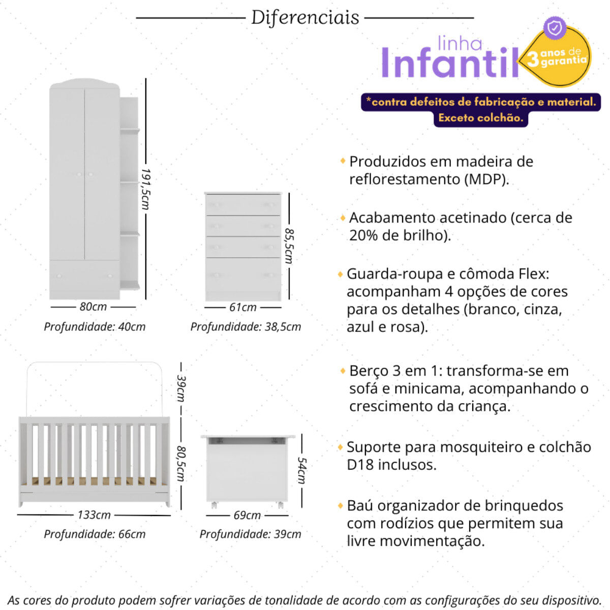 Encontraproduto.com.br - Quarto Infantil Completo com Berço 3 em 1 com Colchão Incluso e Baú Multimóveis MP4357 Branco/Colorido